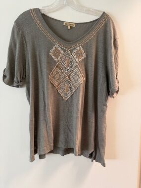 Democracy Short Sleeve V-Neck Top with Bead Embellishment XL